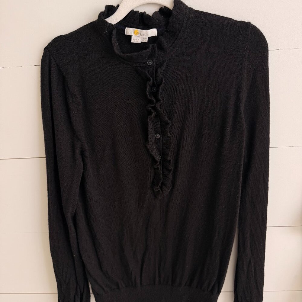 Boden 100% Merino Wool Black Sweater with Ruffle Detail